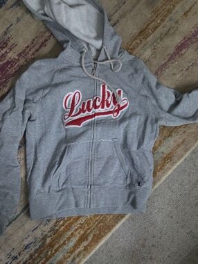 Lucky Brand Blue Label on Light Gray Hoodie